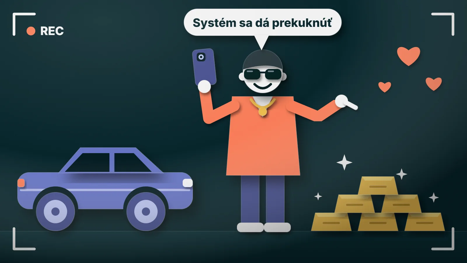 Finfluencer sa natáča na telefón, v pozadí auto a zlaté tehličky, ukazuje svoj majetok a hovorí, že systém sa dá prekuknúť. Karikatúra, nie skutočná osoba.